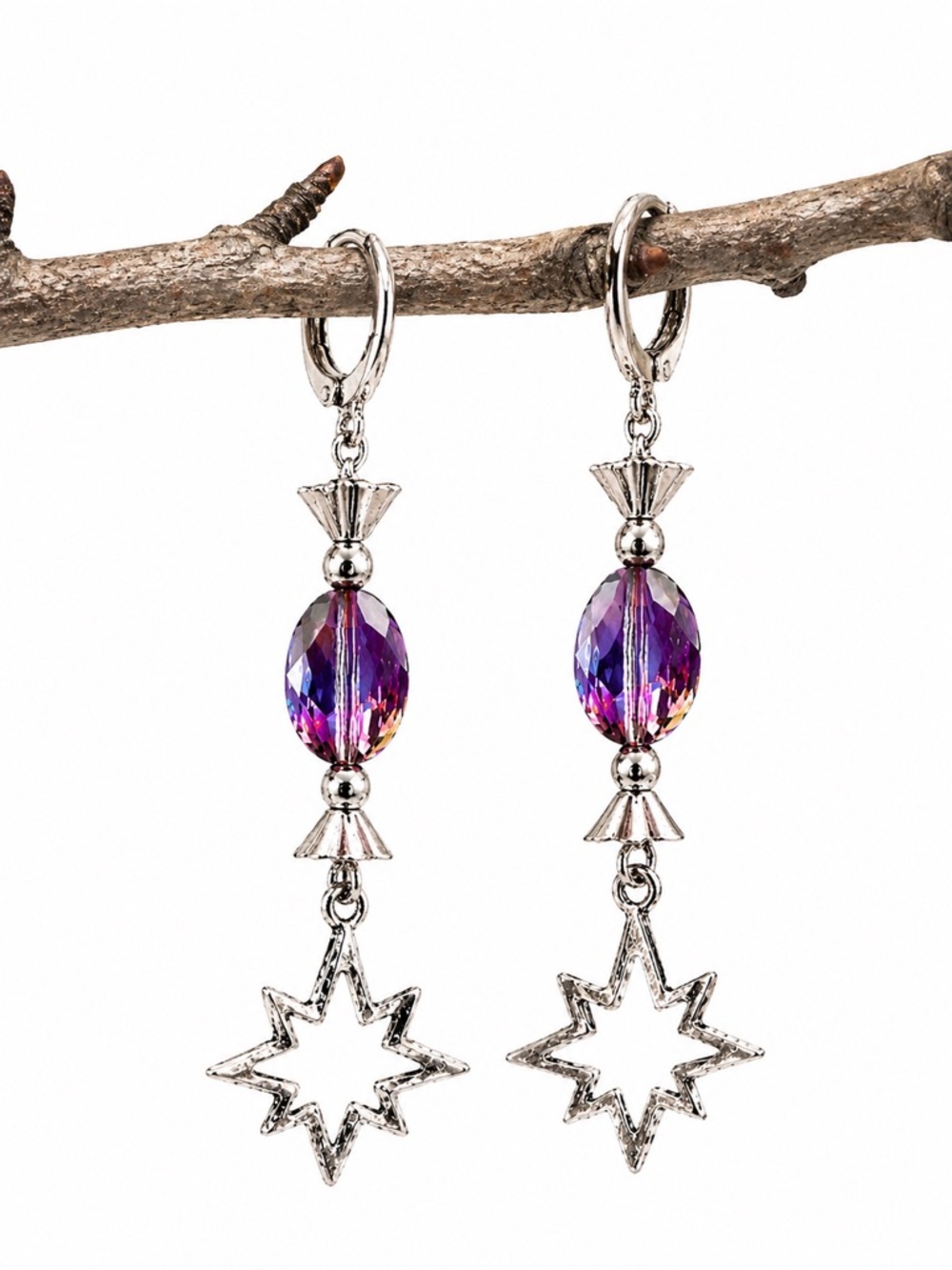 Iridescent Crystal Star Earrings, Silver Boho Dangle, Celestial
